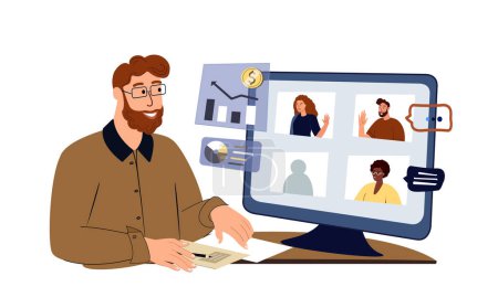 Illustration for Young Business man leading planning meeting with team online.Financial business videocall with colleagues in zoom.Manager Freelancer Working Remotely .Seminar Conference.Flat Vector Illustration - Royalty Free Image