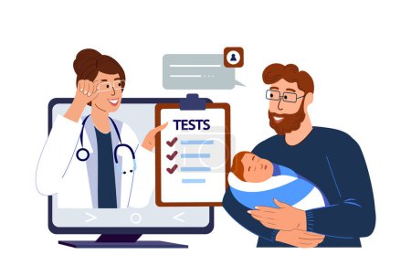 Illustration for Father with newborn take Consultation of Pediatrician online.Video call with doctor.Caring Father Dundle his Baby.Online Hospital.Conversation with Doctor.Home Medical Consultation.Vector Illustration - Royalty Free Image
