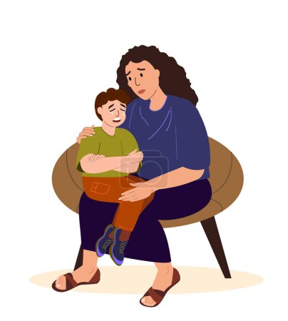Illustration for Mother supporting her crying son,care concept.Mom comforting depressed,sad boy.Supportive empathic parent helps her teenager child in difficulty.Flat vector illustration isolated,white backgroun - Royalty Free Image