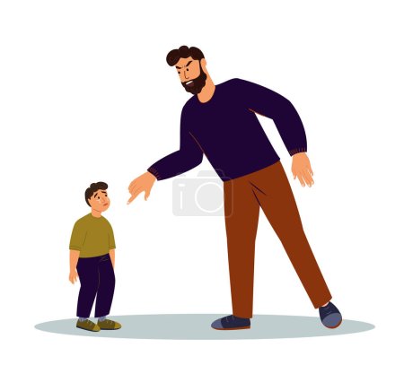 Illustration for Despotic and tyrannous Father reprehend scolding Little Crying Son.Cruel Punisment for Kid.Psychopathic dad creating a psychological trauma for Child.Agressive Man Shouting.Flat vector Illustration - Royalty Free Image