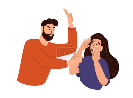 Illustration for Despotic and tyrannous Man beating Crying Scared Woman.Cruel Punisment,toxic relationship.Psychopathic Man and Victim Woman in co-dependent relationship.Agressive Man Shouting.Flat vector Illustration - Royalty Free Image