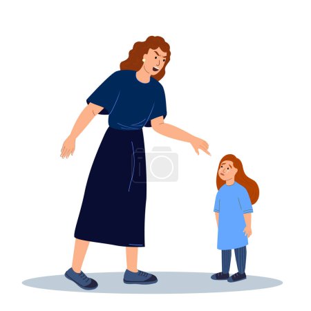 Illustration for Despotic, tyrannous Mother beating her Little Crying Daughter.Cruel Punisment for Kid.Psychopathic Woman creating a psychological trauma for her Child.Agressive Woman Shouting.Flat vector Illustration - Royalty Free Image