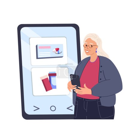 Illustration for Online shopping .Pensioner Elderly Woman with mobile phone,smartphone,ordering Pharmacy in internet store,ordering shoes in online chemist's shop,digital market.Flat vector illustration isolated - Royalty Free Image