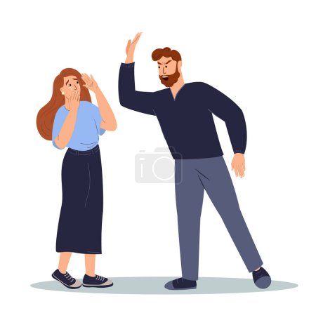Illustration for Despotic and tyrannous Man beating Crying Scared Woman.Cruel Punisment,toxic relationship.Psychopathic Man and Victim Woman in co-dependent relationship.Agressive Man Shouting.Flat vector Illustration - Royalty Free Image