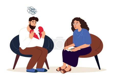 Illustration for Crying stressed man on the session with a psychologist.Frustrated Man because of broken heart,unrequited love.Mental health,Psychological trauma.Flat vector illustration isolated,white background - Royalty Free Image