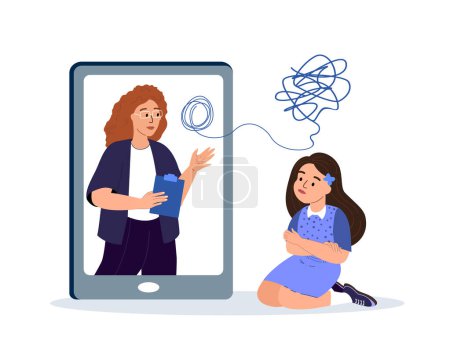 Illustration for Depressed Kid Girl on psychologist online session.Child talks about problems to therapist on a video call in smartphone.The psychologist records the client complaints,helps to understand the situation - Royalty Free Image
