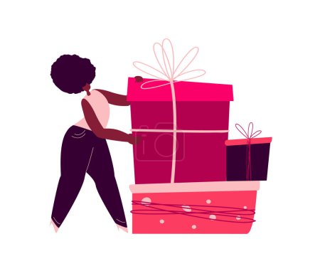 Illustration for African Festive Woman with Huge Boxes of Presents,Gifts for Birthday,Valentine Day, Christmas New Year Holiday.Young Girl Holding Gift Boxes.Congratulation Celebration Shopping. Purchases Illustration - Royalty Free Image