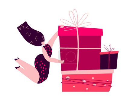 Téléchargez les illustrations : Joyeuse femme festive avec d'énormes boîtes de cadeaux, des cadeaux pour l'anniversaire, la Saint-Valentin ou le Nouvel An de Noël.Jeune fille tenant des boîtes cadeaux. Illustration des achats - en licence libre de droit