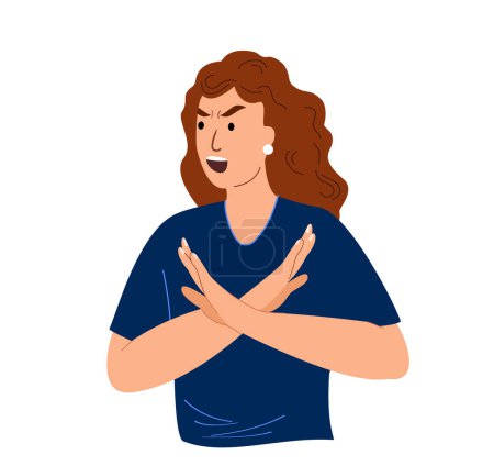 Illustration for Angry Woman showing stop gesture,crossing hands,arms.Agressive person refusing, rejecting, saying no.Rejection, refusal, disapproval sign. Flat graphic vector illustration isolated on white background - Royalty Free Image