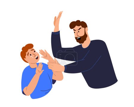 Despotic and tyrannous Father beating his Little Crying Son.Cruel Punisment for Kid Boy.Psychopathic dad creating a psychological trauma for his Child.Agressive Man Shouting.Flat vector Illustration