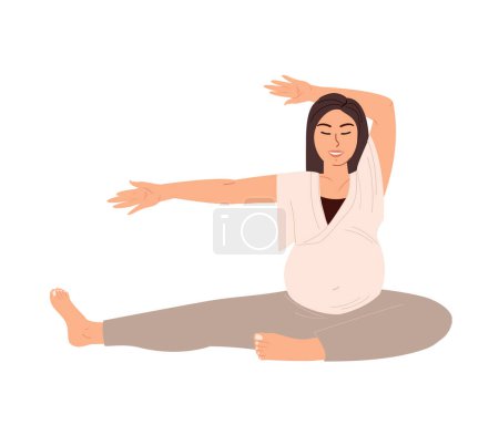 Illustration for Young Pregnant Woman Stretching,Realxing in Engage Yoga Practice , Preparation for Childbirth.Female Calmimg,Meditating,Practising Asana.Pilates Workout,Training Class.Flat People Vector Illustration - Royalty Free Image
