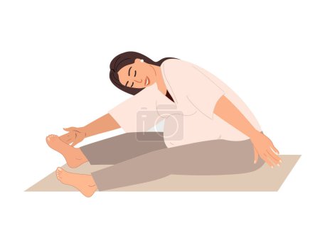 Ilustración de Mujer embarazada joven hacer deporte y estiramiento a los pies, Realxing en la práctica del Yoga. Preparación para los ejercicios de parto. Calmimg femenino, práctica de meditación. Clase de entrenamiento. Personas Vector Ilustración - Imagen libre de derechos