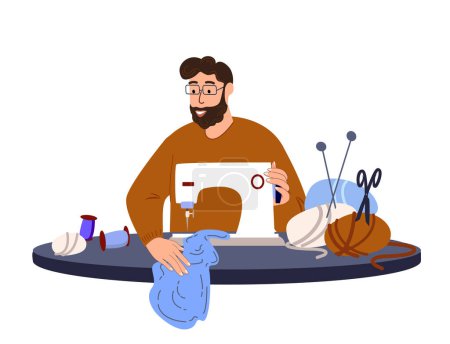 Illustration for Tailor Seamstress Man Sewing and Creating Clothes on Sewing Machine.Designer Atelier Handiwork.Fabrics Textile Dressmaker Tailoring.Man and Hobby.Stylist Sewing in Workshop.Flat Vector Illustration - Royalty Free Image