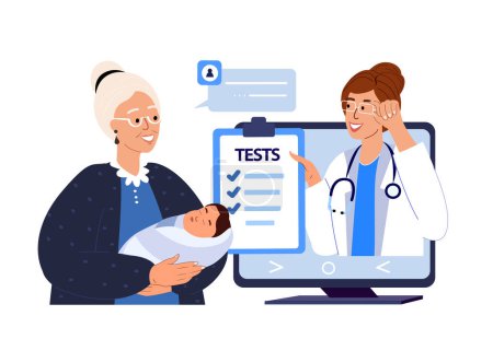Illustration for Grandmother with newborn taking Consultation of Pediatrician online.Video call with doctor.Caring Granny Dundle a Baby.Online Hospital.Conversation with Doctor.Home Medical Consultation.Vector - Royalty Free Image