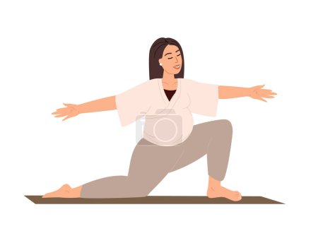 Ilustración de Mujer embarazada joven Estiramiento, de pie sobre la rodilla, Realxing en la práctica de yoga.Preparación para el parto en ejercicios relajantes.Meditar, practicar asana.Clase de entrenamiento. Personas Vector Ilustración - Imagen libre de derechos