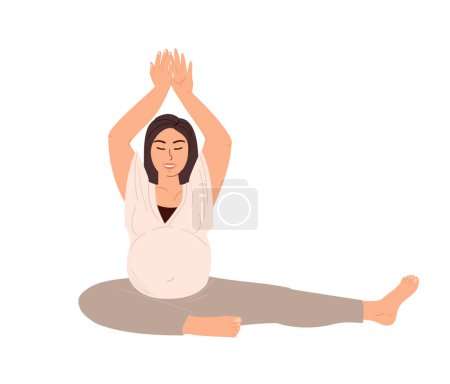 Ilustración de Mujer Embarazada Joven Estiramiento, Realxing en Participar en la Práctica de Yoga, Preparación para el Parto.Calmimg Femenino, Meditar, Practicar Asana.Entrenamiento de Pilates, Clase de Entrenamiento. - Imagen libre de derechos