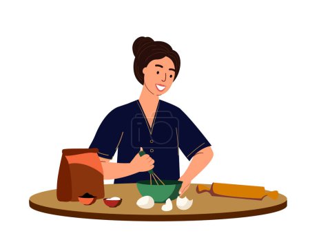 Illustration for Young Happy Woman Cooking Dish,whisking eggs in the Kitchen. Female Cook Housewife Knead Dough Stay Home.Adult Girl Prepare Hobby Gastronomy Tasty Dinner.Hobby,cooking courses.Flat Vector Illustration - Royalty Free Image