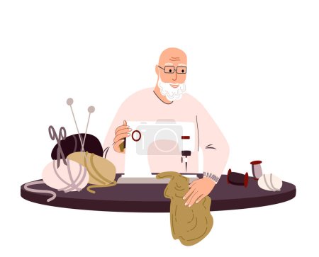 Illustration for Tailor Seamstress Old Man Sewing and Creating Clothes on Sewing Machine.Retired Designer Atelier Handiwork.Fabrics Textile Dressmaker Tailoring.Man and Hobby.Stylist Sewing in Workshop.Flat Vector - Royalty Free Image