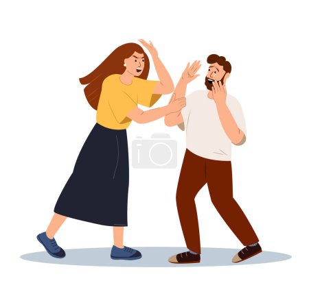 Illustration for Despotic , tyrannous Woman beating Crying Scared Man.Cruel Punisment,toxic relationship.Psychopathic Woman and Victim Man in co-dependent relationship.Agressive Woman Shouting.Flat vector Illustration - Royalty Free Image