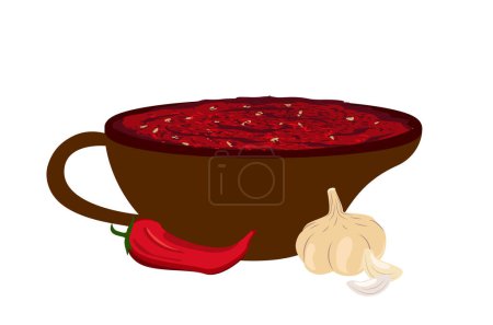 Téléchargez les illustrations : Ajika géorgienne et abkhaze sauce d'assaisonnement chaude et épicée.Trempette aromatisée, nourriture. Assaisonnement traditionnel du Caucase géorgien épicé à base de poivron rouge et d'ail. Cuisine kartuli. Illustration vectorielle plate - en licence libre de droit