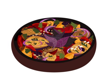 Téléchargez les illustrations : Ajapsandali.Plat traditionnel épicé du Caucase géorgien en ketsy.Légumes cuits aubergine, tomate et poivron, basilic, grillé, ragoût ou frit.Cuisine savoureuse kartuli.Illustration vectorielle plate - en licence libre de droit