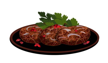 Téléchargez les illustrations : Apkhazura, géorgien plat de viande de kartuli. Viande hachée avec des épices, graines de grenade dans un filet de graisse, phoque.Plat avec des baies d'épices frites sur feu ouvert.Nourriture sur poêle à frire en argile rouge, ketsi.Piping Abkhazura chaud - en licence libre de droit