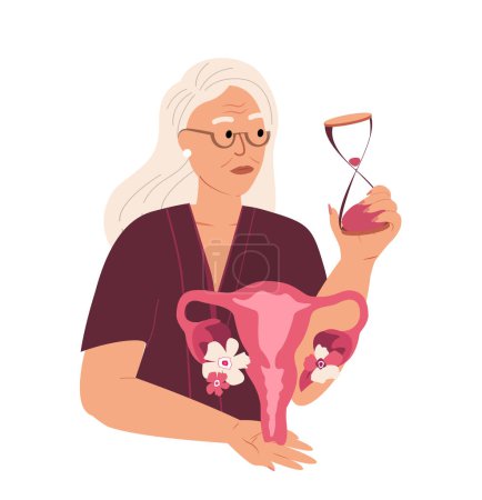 Illustration for Elderly sad Woman in Menopause.Female health concept.Women climax, hormone replacement therapy, menopause support, hormonal change, wrinkles, climacteric symptoms.Time is up.Flat Vector Illustration - Royalty Free Image