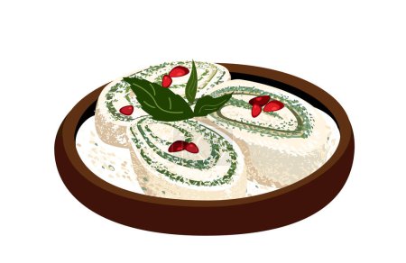 Illustration for Gebzhalia,Cheese rolls with mint.National dish of Megrelian cuisine,light,delicate appetizer.Young unsalted cheese, matsoni sauce.Caucasian Kartuli,Sakartvelo cuisine.Flat vector illustration isolated - Royalty Free Image