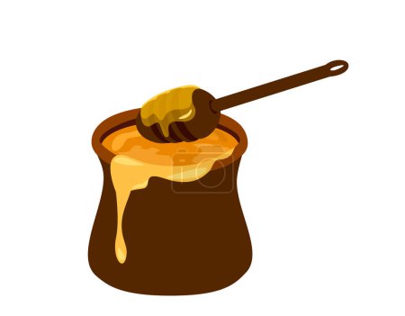 Téléchargez les illustrations : Miel dégoulinant de trempette en bois sur un bocal d'argile plein de miel doux doré.Petit déjeuner sucré repas sain, dessert sain isolé sur fond blanc. Illustration vectorielle plate colorée - en licence libre de droit