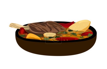 Illustration for Khashlama with lamb or veal meat and rich broth.Soup with veal,potato,tomatoes.Tasty meat meal of Georgian,Armenian traditional cuisine isolated, white background.Hot dish in bowl.Vector illustration - Royalty Free Image