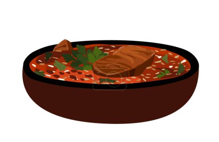 Illustration for Spicy thick Kharcho with rich broth.Soup with veal,rice,tomatoes. Tasty meat meal of Georgian traditional cuisine isolated, white background.Delicious hot dish in bowl.Colorful realistic illustration. - Royalty Free Image
