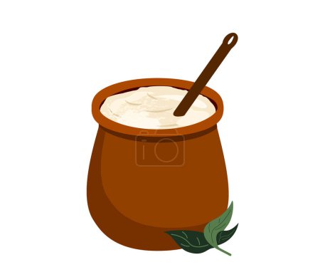 Illustration for Matsoni. Spoiled fermented milk.Dairy thick Drink of Armenian origin made from fermented milk.Traditional dish of Armenian,Georgian national cuisines.Illustration for cafe,restaurants menu.Flat vector - Royalty Free Image