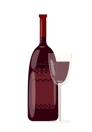Ilustración de Vino tinto en botella y copa. Bebida alcohólica dulce o seca en copa de vino. Bebida alcohólica en cristalería bocal y transparente. Ilustración vectorial plana aislada sobre fondo blanco - Imagen libre de derechos