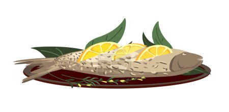 Illustration for Whole fish with lemon slices and basil leaf for baking. Healthy seafood with herbs seasoning for cooking. Sea food with flavorings for roasting. Flat vector illustration isolated on white background - Royalty Free Image