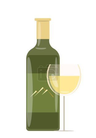 Ilustración de Vino blanco en botella y copa. Bebida alcohólica dulce o seca en copa de vino. Bebida alcohólica en cristalería bocal y transparente. Ilustración vectorial plana aislada sobre fondo blanco - Imagen libre de derechos