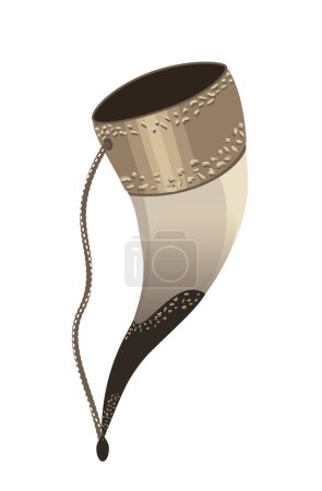 Illustration for Wine drinking horn for alcoholic drinks, spirits. Souvenir horn for alcoholic beverages on a chain isolated on a white background. The edges of the horn inlaid with metal - Royalty Free Image