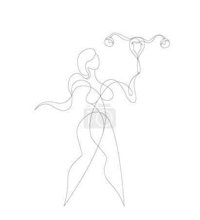Illustration for Woman keeping Womb Uterus.Feminism concept.Support Womens Feminine Health.Anatomical Female Ovaries hand drawn line.Female Reproductive System.Vagina Symbol Menstruation.Free Women.Vector Illustration - Royalty Free Image