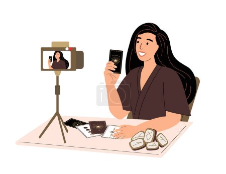 Illustration for Astrologist or Tarologist Woman recording video for media.Witchcraft, magic Fortune-telling Ritual on Tarot Cards.Witch making tarot spread.Esoterics elements.Cards,symbols,talisman occultism Vector - Royalty Free Image