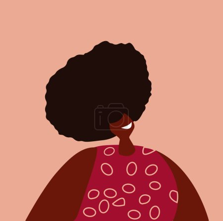 Illustration for Smiling black woman, face avatar. Beautiful pretty sexy African-American girl, head portrait. Happy female character with bouffant Hair Style. Flat vector illustration isolated on white background - Royalty Free Image