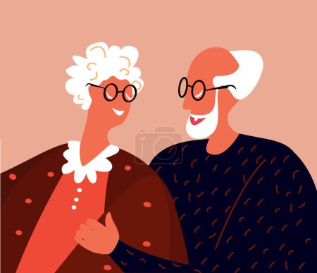 Illustration for Senior Aged Loving Couple Hugging,Elderly People,Old Man,Woman in Love,Friendly Relations Spend Time Together,Close Romantic Relationships.St Valentines Day Card.Cartoon Flat Vector Illustration - Royalty Free Image