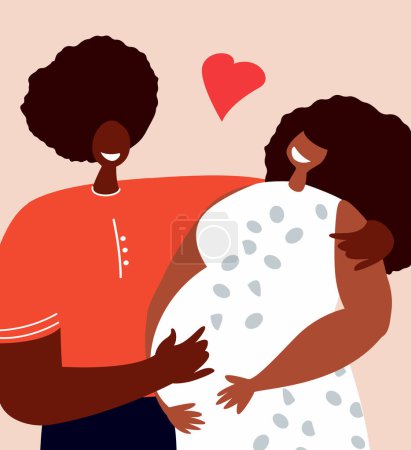 Illustration for Loving African Couple of Man and Pregnant Woman Hugging each other.Happy Lovers,relationship Anniversary Dating,Lifestyle.Romantic Connection Feelings Emotions Romance Love. Flat Vector Illustration - Royalty Free Image