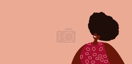 Ilustración de Postal, pancarta con lugar para texto con Young Smiling African Woman, anuncio.Personaje femenino feliz con peinado bouffante.Diseño de fondo creativo para logo.Ilustración vectorial plana - Imagen libre de derechos