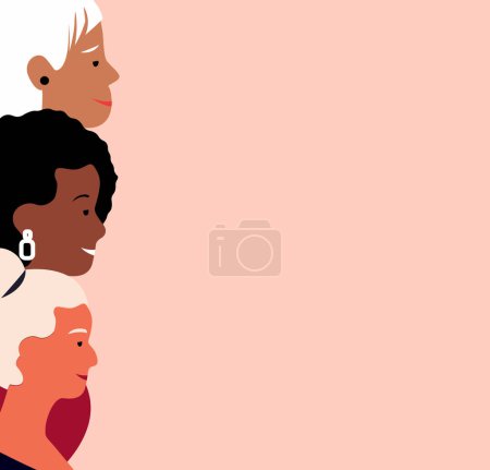 Illustration for Banner,Leaflet with place for text,white background.Beautiful female profiles with Different Beauty,Hair,Skin Color.Different Races,Nations.Diversity.The Femininity Concept.Vector flat Illustration - Royalty Free Image