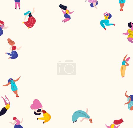 Illustration for Banner,Leaflet with place for text,white background.Beautiful Women with Different Beauty,Hair,Skin Color.Party,Dances.Different Races,Nations.Diversity.The Femininity Concept.Vector flat Illustration - Royalty Free Image