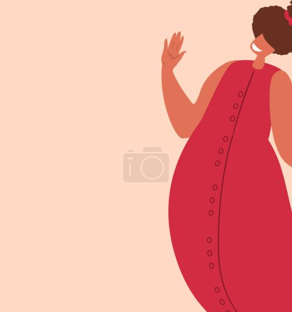 Illustration for Banner,broadsheet, Leaflet with place for text,white background.Beautiful Attractive Smiling Woman in long red dress waving hand palm.The Femininity Concept.Minimalist Style.Vector flat Illustration - Royalty Free Image