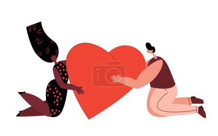Illustration for Valentine's Day.Loving Smiling Happy Couple,Man, Woman Holding huge Heart or Like.Happy Lovers Relationships Dating,Kind volunteer with donations.Charity concept.Feelings Love.Flat Vector Illustration - Royalty Free Image