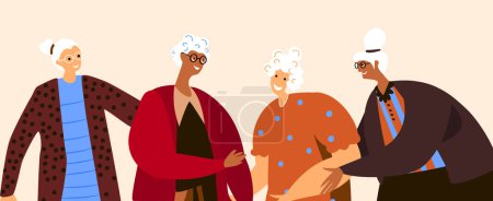 Illustration for Elderly Attractive Women Together.Old Retired Lady,Happy Granny,Beautiful Grandmother.International Woman Day.Feminism concept.Eight of March.Free Confident Women,Empowerment.Flat Vector illustration - Royalty Free Image