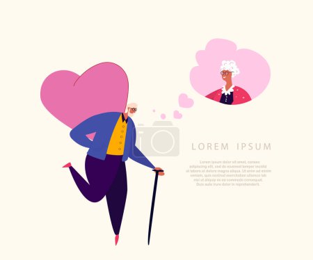 Illustration for Valentine Day.Retired Pensioner Elderly Man Prepared Huge Heart for his Lady.Dreaming about Aged Attractive Woman.Beautiful Old Romantic Couple.Happy St Valentine's Day,Dating. Vector Illustration - Royalty Free Image