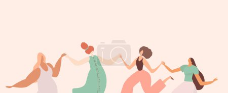 Illustration for Banner,Leaflet with place for text,white background.Beautiful Women with Different Beauty,Hair,Skin Color.Party,Dances.Different Races,Nations.Diversity.The Femininity Concept.Vector flat Illustration - Royalty Free Image