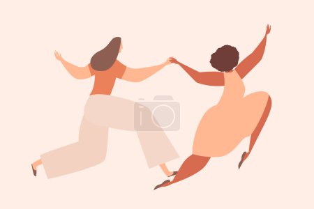 Ilustración de Dos mujeres corriendo disfrutar y divertirse juntos.Jóvenes l Damas activas, Happy Girls.Día Internacional de la mujer.Concepto de feminismo.Ocho de marzo.Mujeres seguras libres, empoderamiento.Ilustración de vectores planos - Imagen libre de derechos